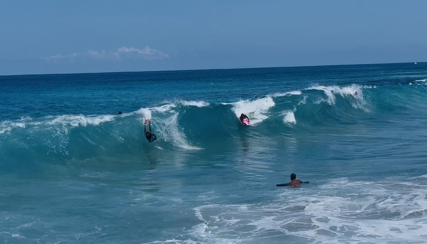 Bodyboarders and surfers on the waves