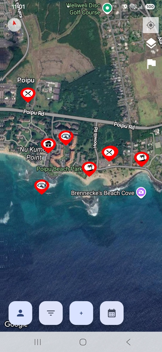 Aloha Adventures map of Poipu Beach with activity pins