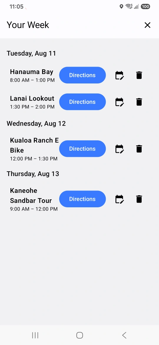 Weekly itinerary with scheduled Hawaiian activities